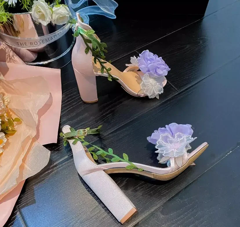 Spring Purple Pink Lace Flower Embroidery Chunky Heels Sandals Green Leafs Ankle Strap Fashion Women Wedding Shoes