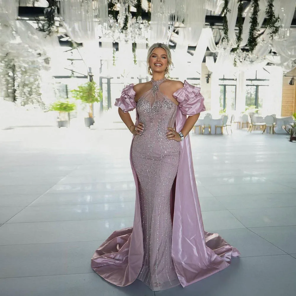 

Luxury Rhinestone Mermaid Evening Dresses With Bicep Cape Cloak Shiny Beaded Haltr Long Prom GOwns Formal Dress