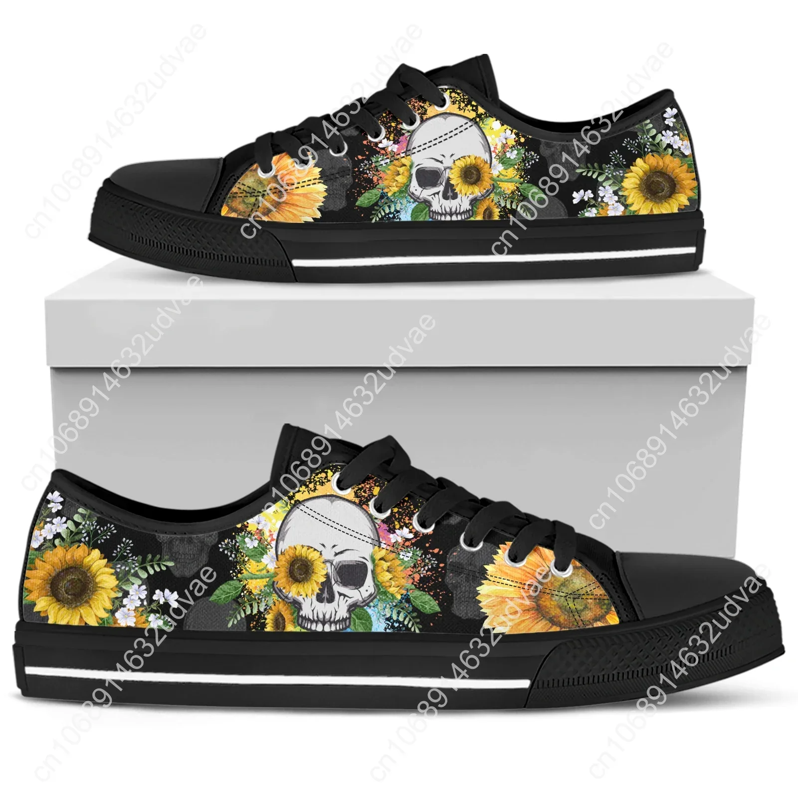 2023 Sunflower Skull Print Low-Top Canvas Shoes Women's Shoes Retro Girls Floral Sneakers Luxury Vulcanized Shoes Women