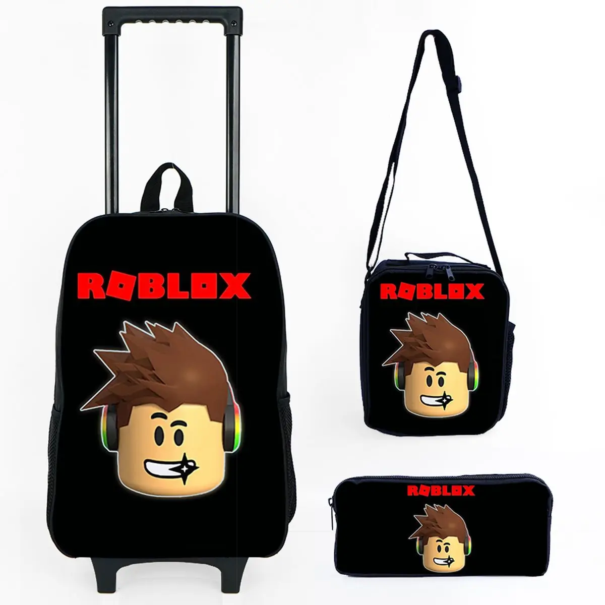 black-luggage-set-student-casual-crossbody-backpack-three-piece-suit-cartoon-style-polyester-material-single-wheel-design