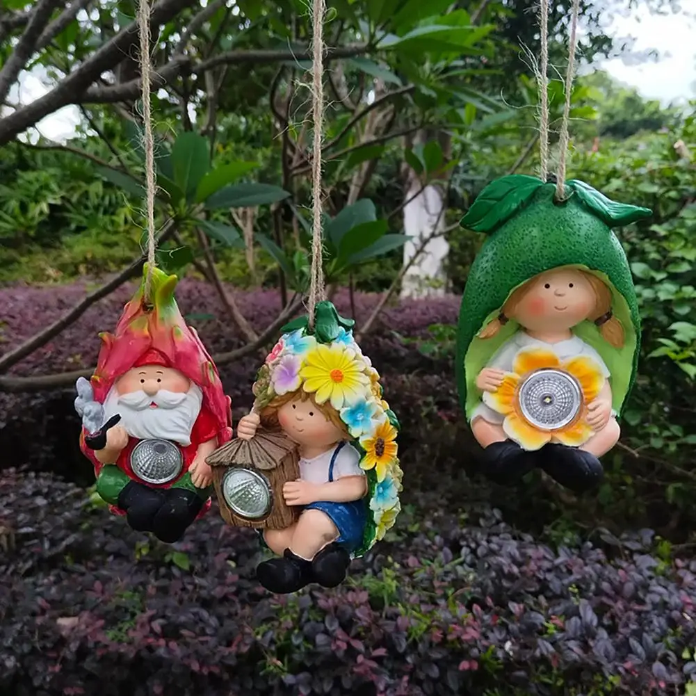 Resin Elf Statue Outdoor Solar Light Figurine Solar-powered Garden Elf Decor with Resin Fruit Figurine Funny Gnome for Outdoor image 5