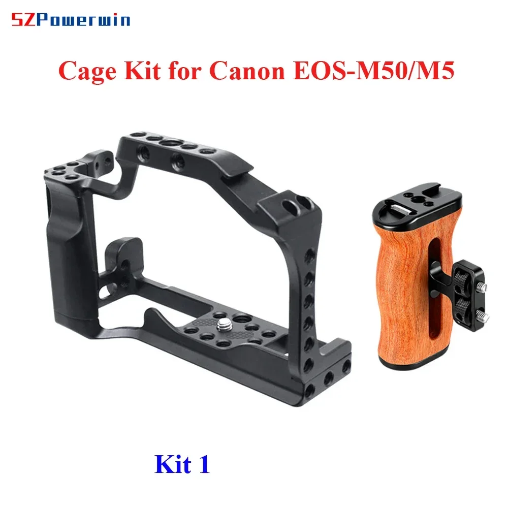 Powerwin Camera Cage Kit for Canon EOS M50 M5 Stabilizer Rig Protective Extension Frame Gimbal Arri Locating Screw Wooden Handle