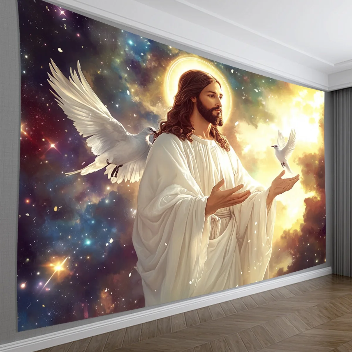 Jesus Tapestry Wall Hanging Holy Spirit Dove Galaxy Background Religious Wall Art Tapestry for Living Room Bedroom Home Decor