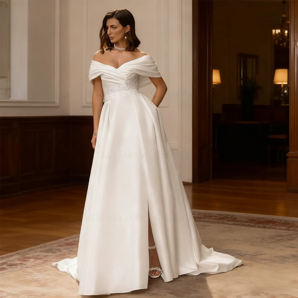 

Elegant Satin Wedding Dresses Off-The-Shoulder Sexy Long Wedding Bride Dress Sequin Zipper Dress For Wome 2025 Vestidos De Novia
