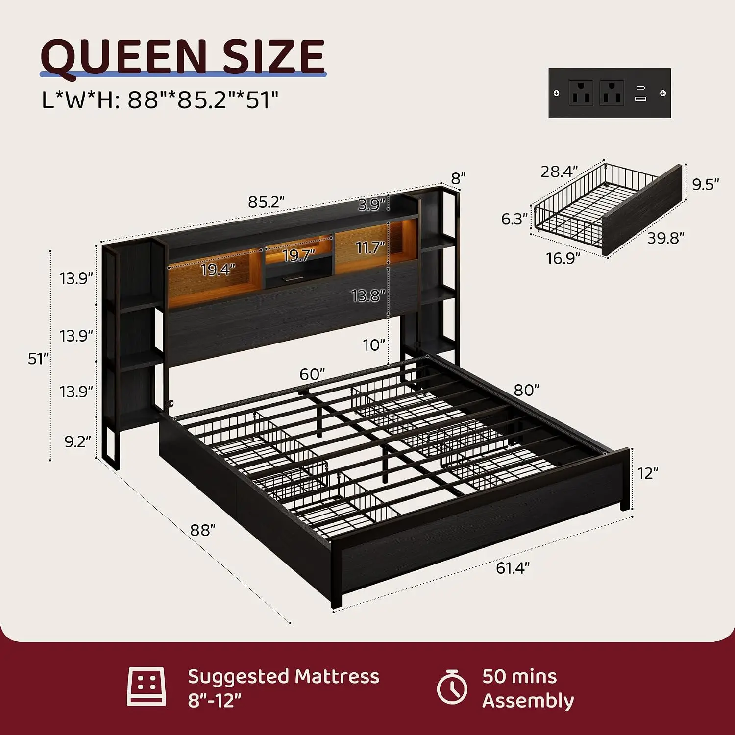 Queen Size Bed Frame with 4 Storage Drawers and Headboard Featuring Shelf Storage, Wooden Platform Bed Frame with, Customized