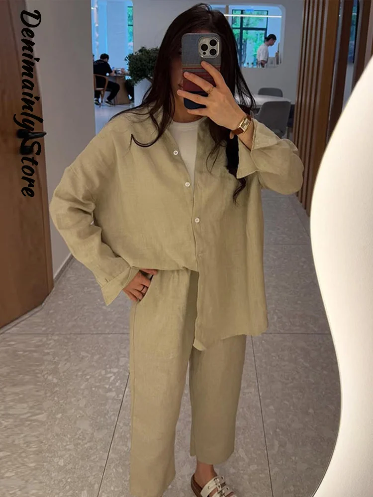 

Casual Solid 2-piece Pants Set Women Collar Long Sleeved Shirt Chic Haren Trousers Sets 2025 Summer Fashion Office Lady Outfit