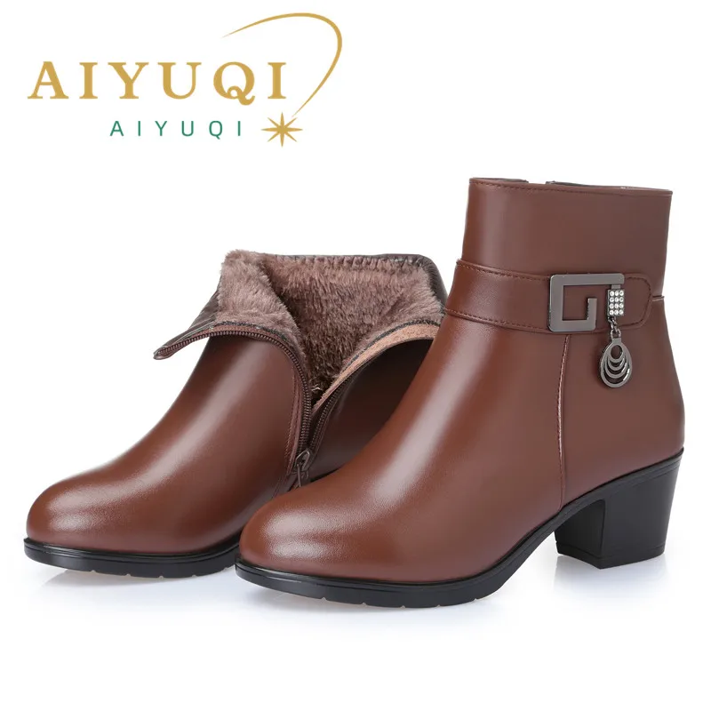 AIYUQI 2024 genuine leather Women\'s warm booties winter boots brown ladies heel boots adult fashion Villus boots