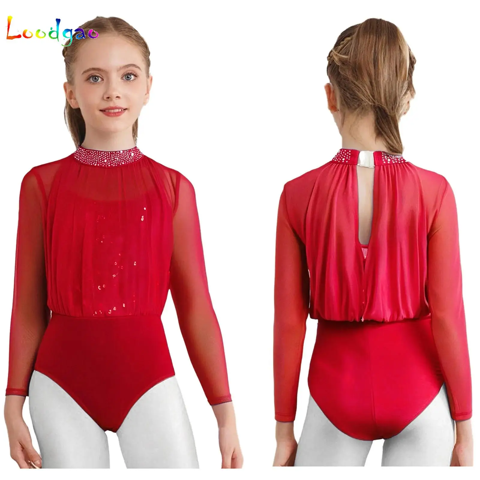 

Kids Girls Rhythmic Gymnastics Bodysuits Figure Skating Modern Dance Costume Sequins Rhinestones Sheer Mesh Ballet Dance Leotard