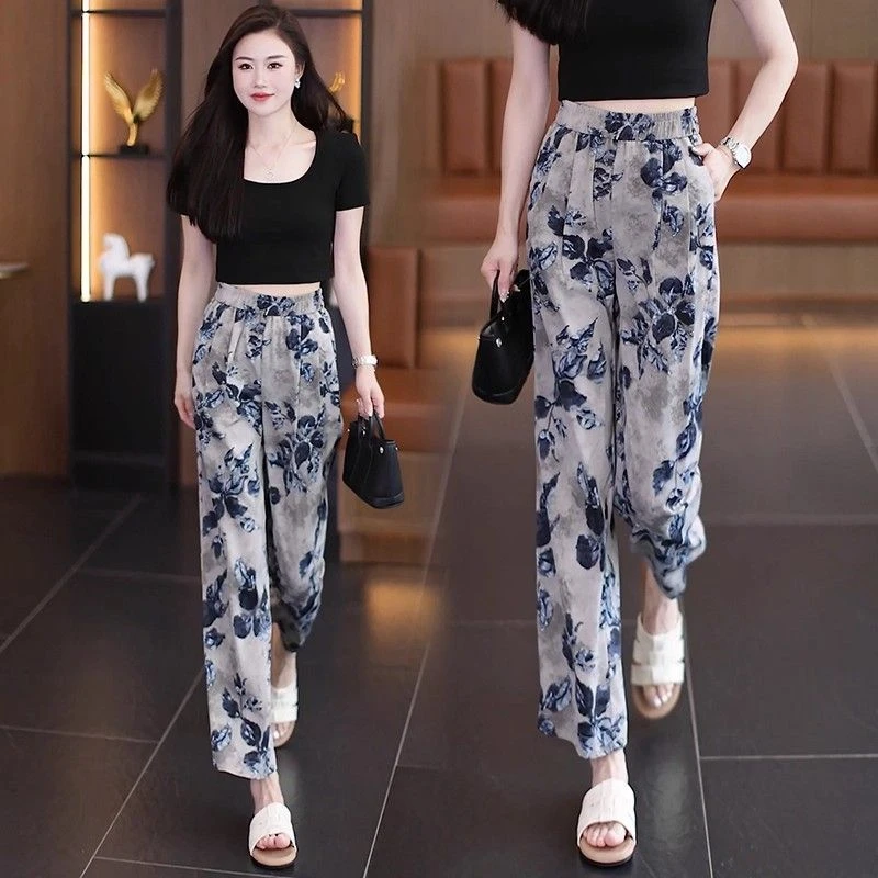 High Waist Draped Loose Straight Leg Casual Pants Women's Summer New Style Ink Painting Print Wide Leg Pants Casual Style