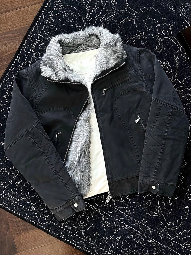 

Bla Harlington Jaet Cotton Workwear Coat Men's Winter Thi Warm ort Sle Fur Collar Mountain Eagle Pattern Zipper Clo...