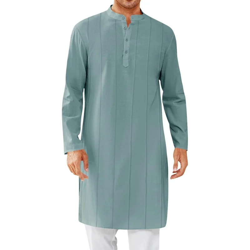 

Mens Kaftan Thobe Button Down Henley Shirts Robe Long Sleeve Casual Cotton Pleated Muslim Gown Shirt
