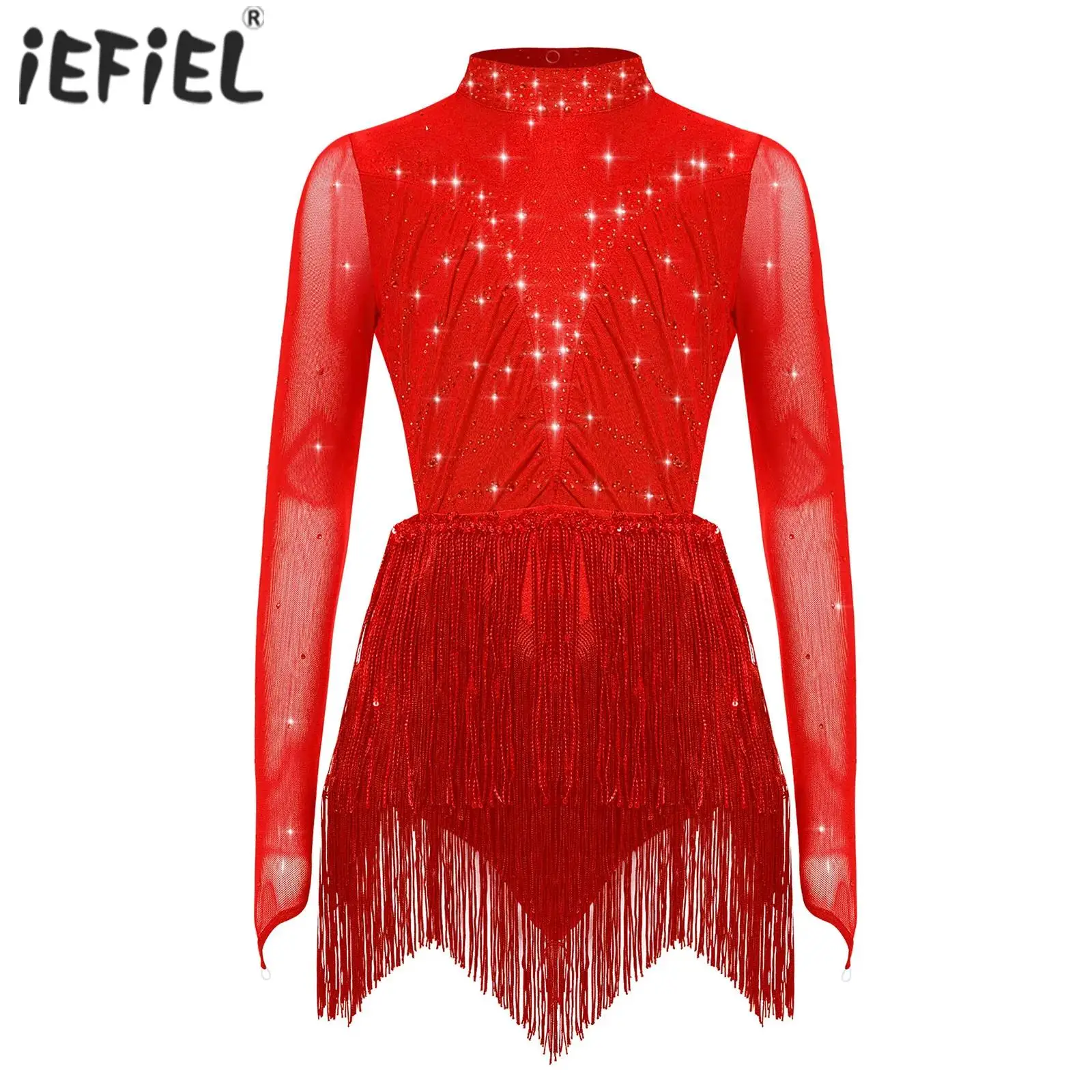 

Детское трико для латинских джазовых танцев для девочек, платье с блестками и кисточками, боди с открытой спиной и стразами для танцевальных соревнований