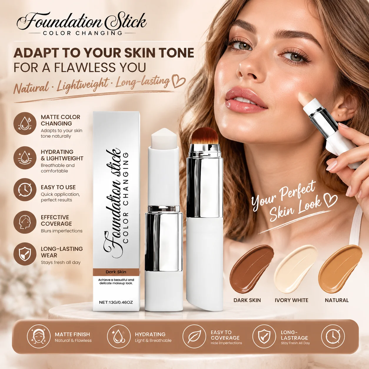 Color Changing Foundation Stick High Coverage Makeup Base Even Skin Tone Pore Cover 2 in 1 Dual Head Makeup Stick Foundation 13g