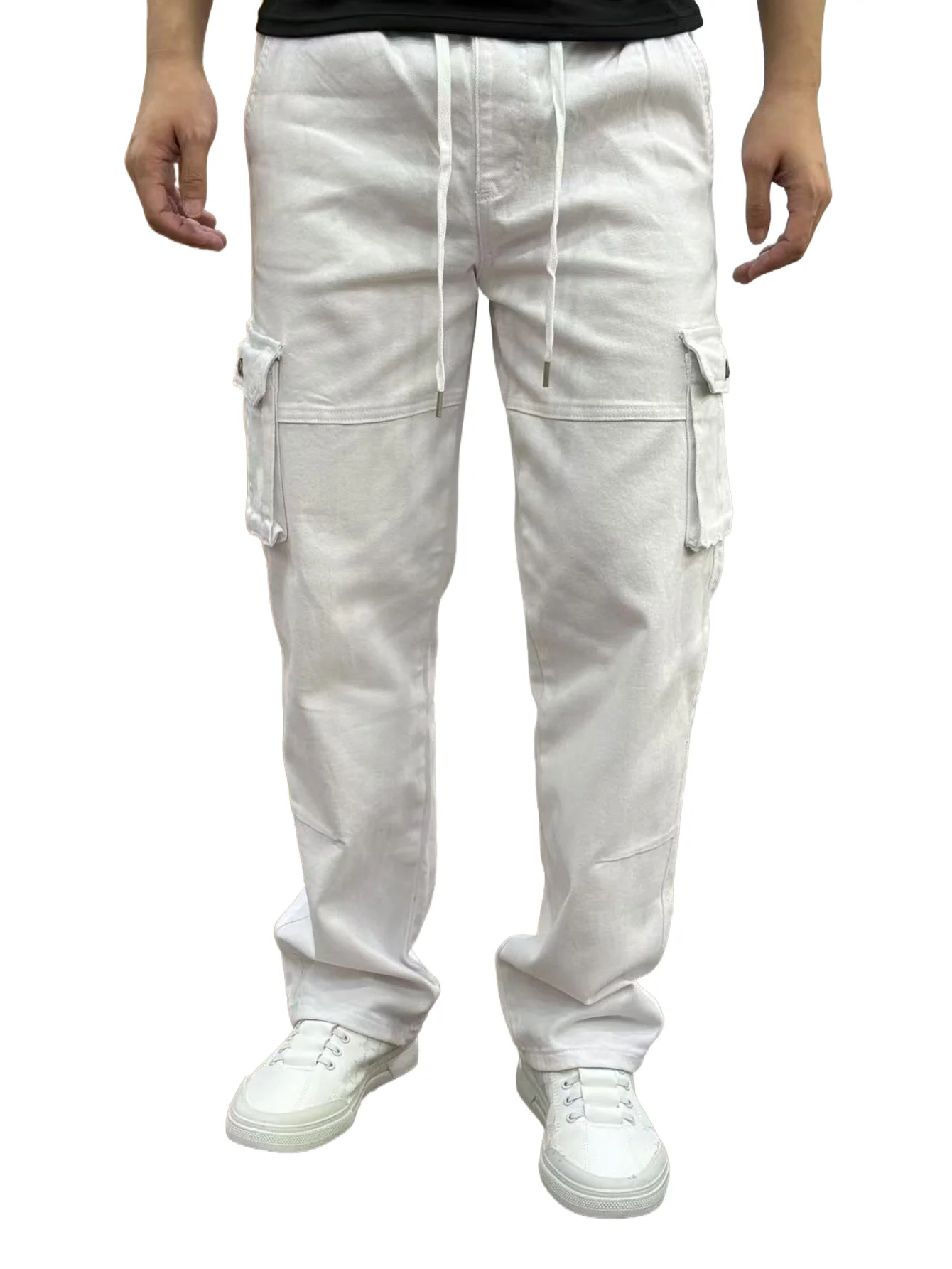 بنطال جينز رجالي من KING JEANS مع حزام خصر مطاطي أساسي أنيق للأعمال كلاسيكي أبيض مستقيم الساق