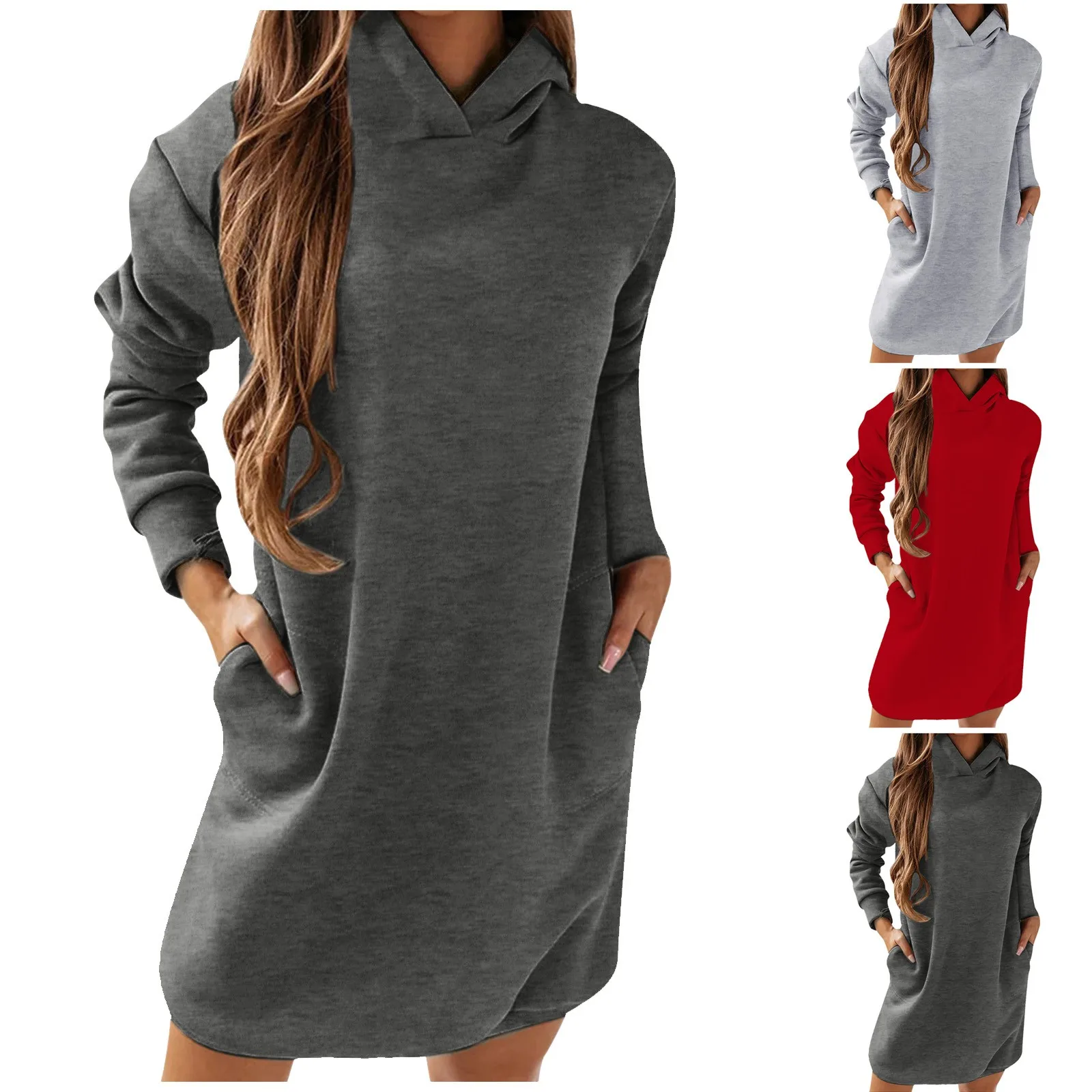 

Warm Hoodies Dresses For Women Winter Long Sleeve Hoody Pockets Casual Mini Dress Fleece Sweatshirts Dress Pantalones De Mujer