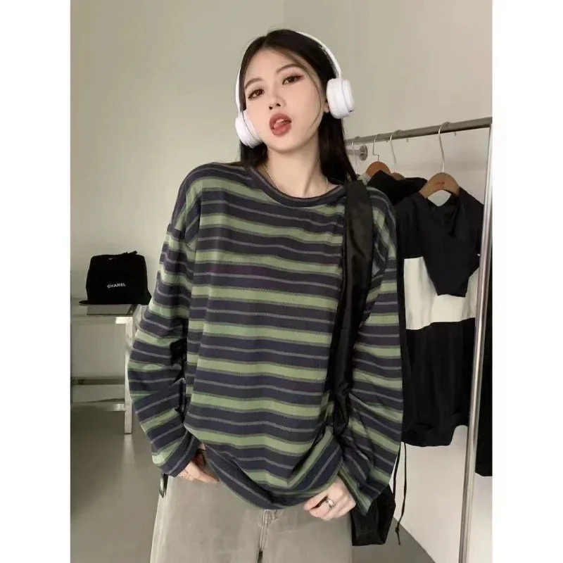 Women Sweatshirt Striped Thin Pullover T Shirt Harajuku Pullovers Korean Fashion Couples Matching Long Sleeve Tops Sweatshirt