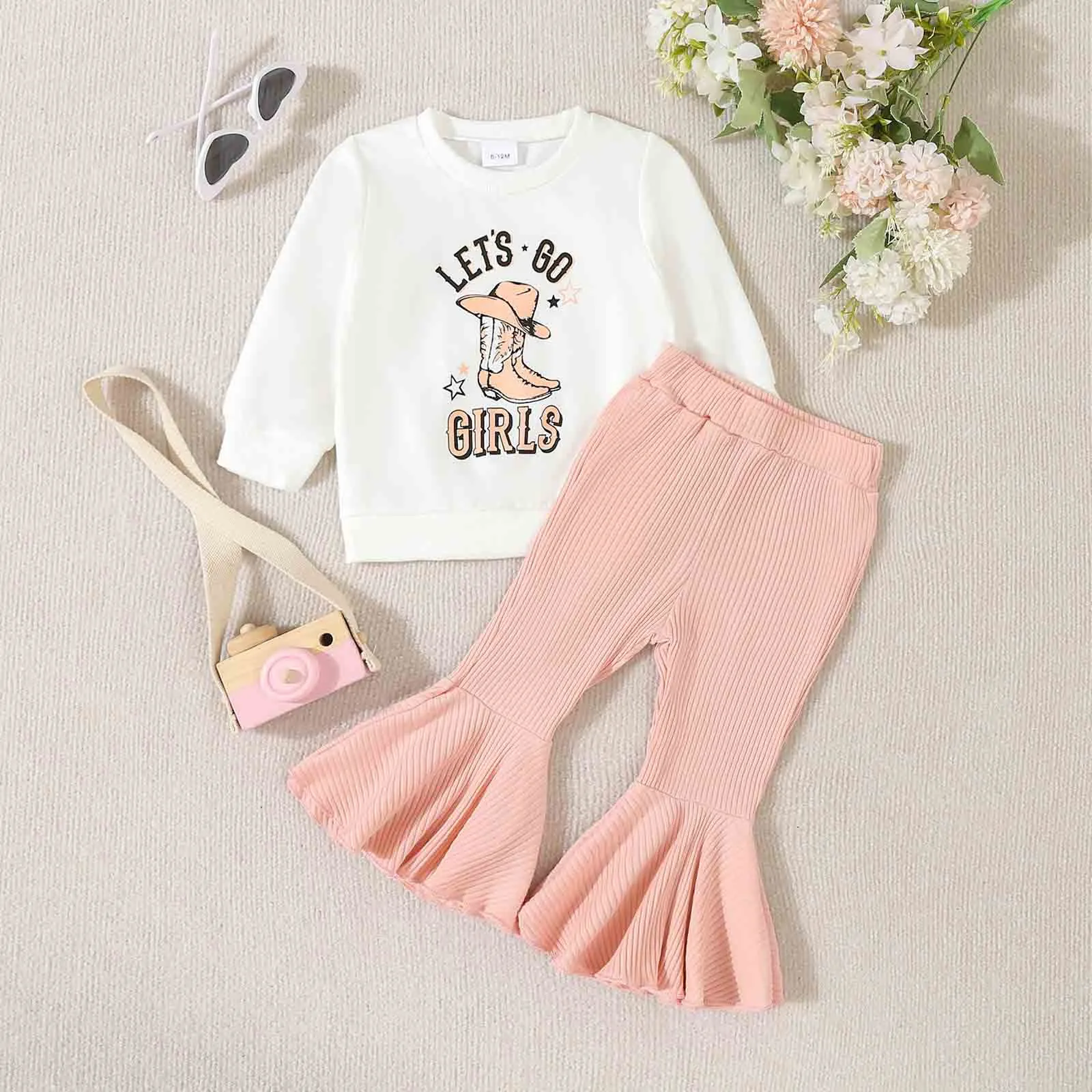 Toddler Baby Girls Outfits Letter Cute Sweet Print Long Sleeves Sweatshirt Kids Tops Flare Bell Bottoms Pants Fall Clothes Set