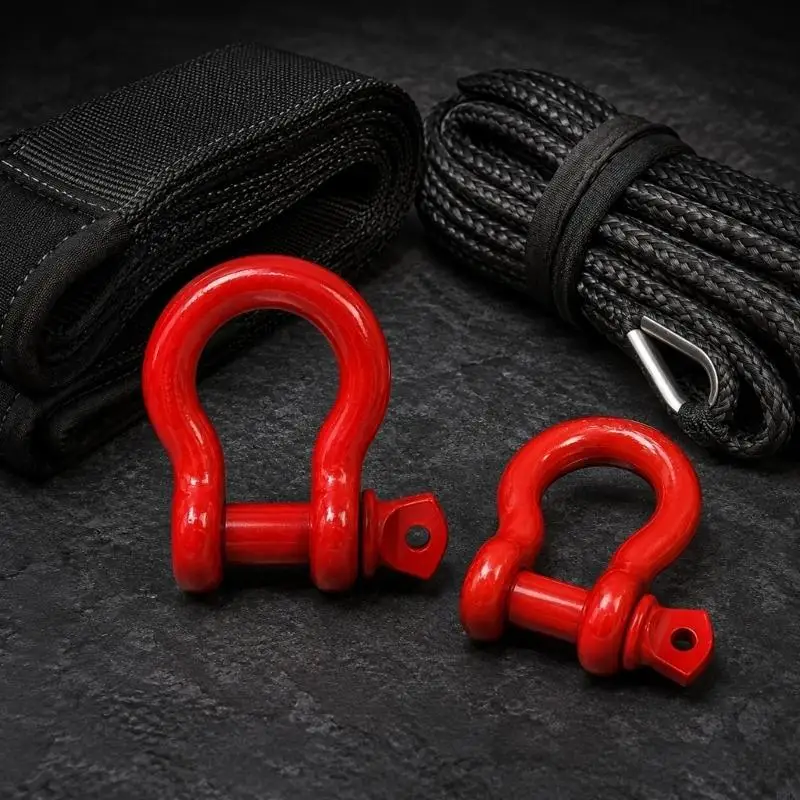 D Tow Shackle 1/2 Inch Bright Red Screw Pin Hardware for Trailer Hookup, Vehicle Towing Use, and Visible Garage Storage With