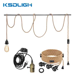 4M 7.5M Retro Lamps DIY Hemp Rope Hanging Wire American Braided Line Lampholder With Dimmable Switch Vintage E27 Socket Plug