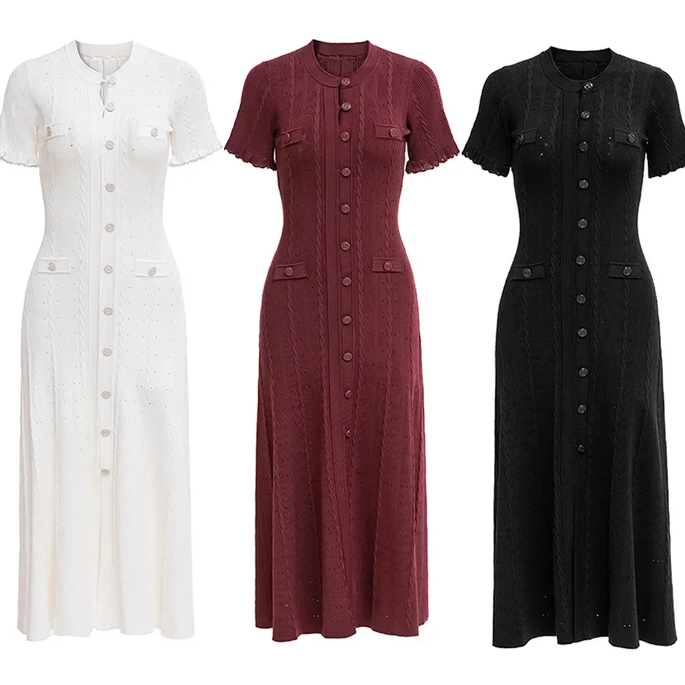 

Женское корейское однобортное длинное платье с вырезами, модный тренд, летнее однотонное офисное женское трикотажное платье с круглым вырезом и короткими рукавами