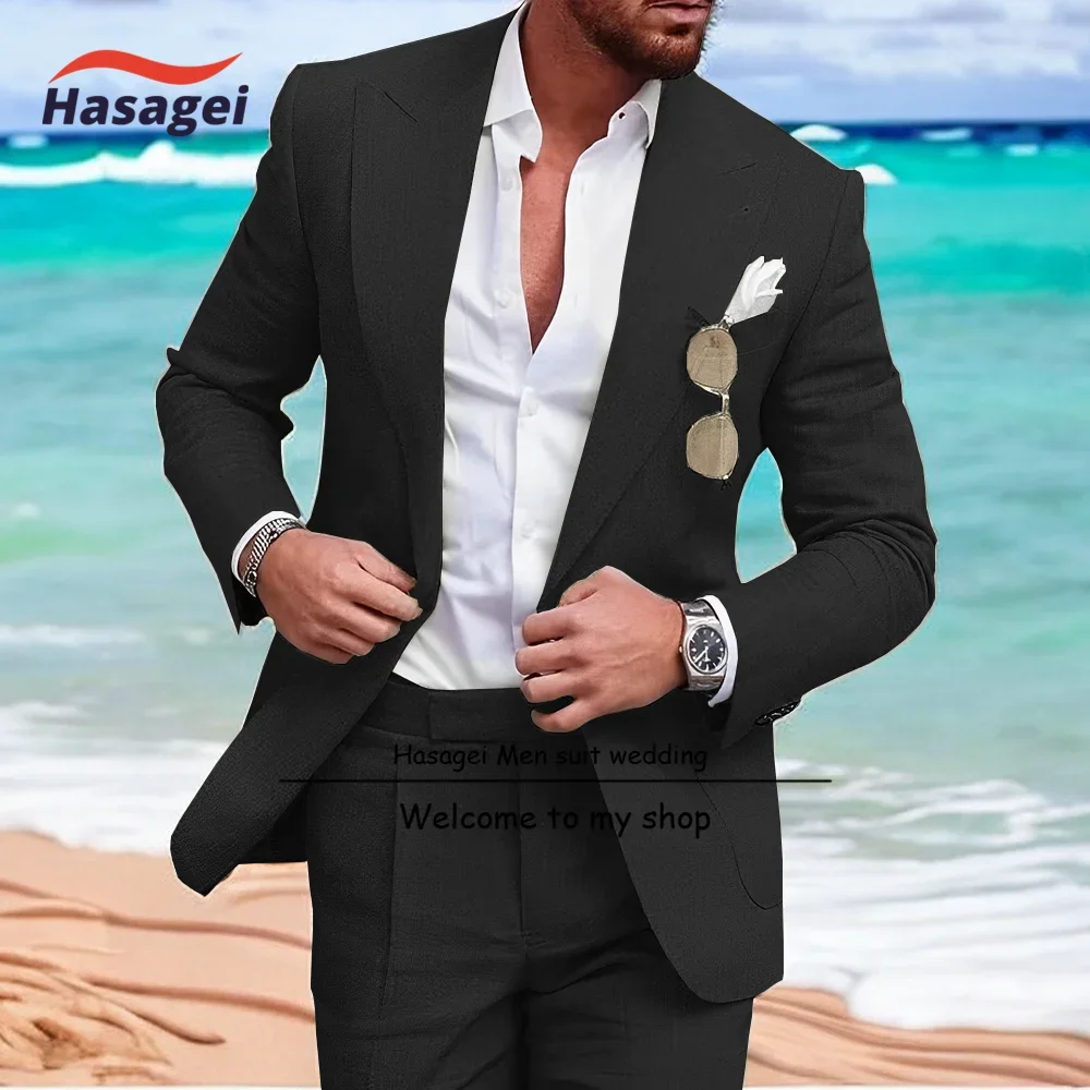 Mens Linen Suit Sets for Summer Beach Slim Fit 2 Piece Wedding Groomsmen Linen Suit Casual Party Suit