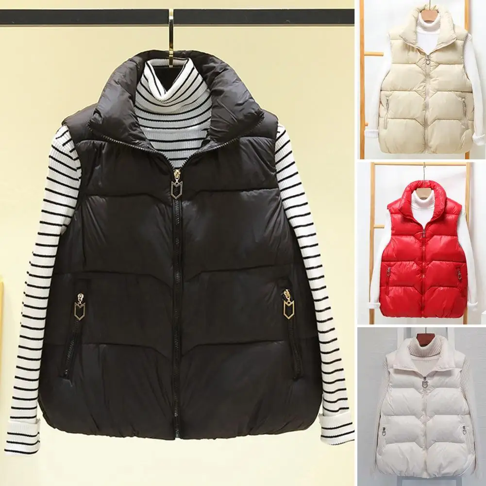 Loose Vest Winter Women's Zip-up Padded Vest With Stand Collar Zipper Pockets Outerwear For Warmth Style Women Short Vest