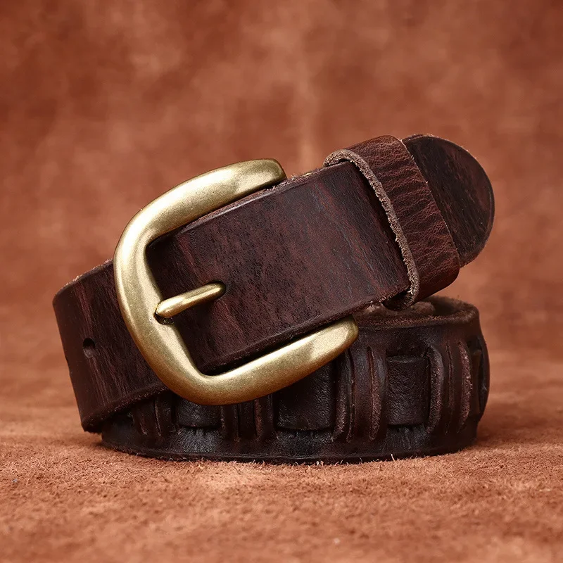 3.8CM High Quality Natural Cowhide for Men Belt Genuine Leather Belt Brass Buckle Woven Knitted Belts Male Retro Strap Jeans