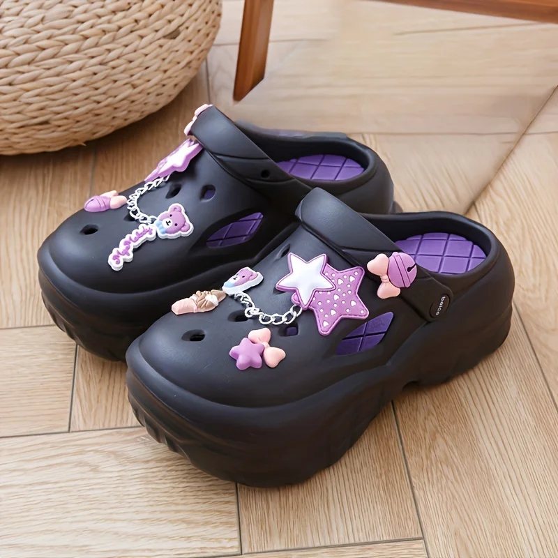 Women\'s Platform Clogs, Kawaii Charms Closed Toe Non Slip EVA Sandals, Indoor Outdoor Garden Beach Slides