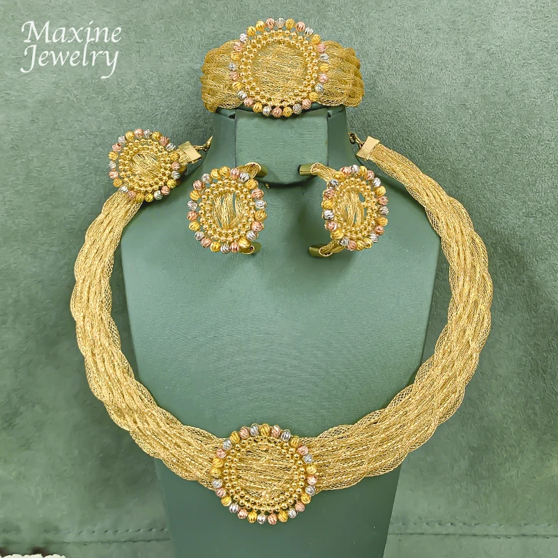 

Бразильский позолоченный комплект ювелирных изделий для женщин, витая веревка, массивное колье, ожерелье, серьги, браслет, кольцо, подарки для свадебной вечеринки