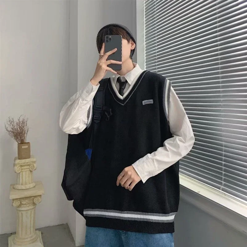 

Вязаный жилет для мужчин и женщин с v-образным вырезом, свободный вязаный кардиган, зима, весна-осень, стиль Ins, японский повседневный свитер премиум-класса, повседневная одежда