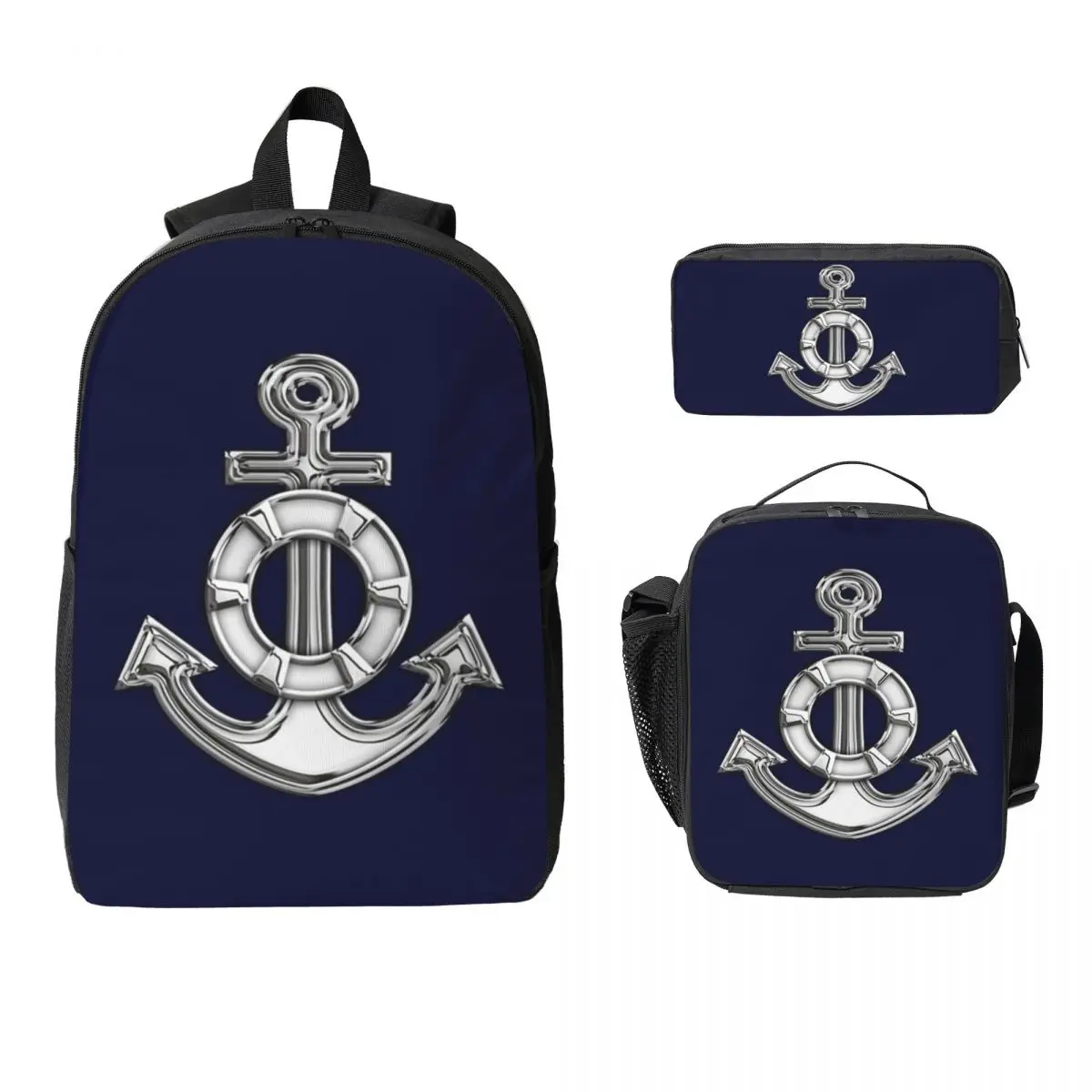

Chrome Style Nautical Life Anchor Applique Backpack Student Boys Girls BookBag School Bag 3ps Insulated Lunch Bag Pencil Case