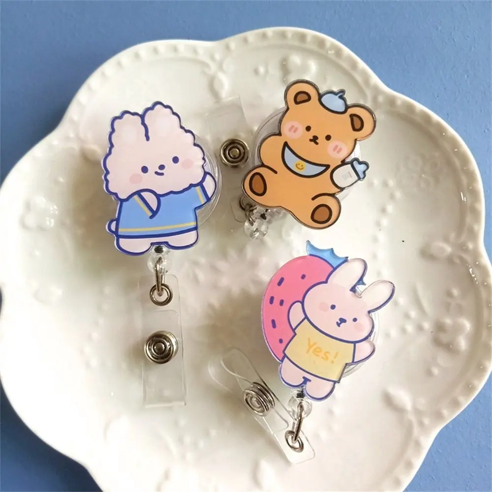 Cute Bear Retractable Badge Reel Work Card Clip Name Tag Nurse Badge Holder Chest Card Acrylic ID Card Clips Hospital Use