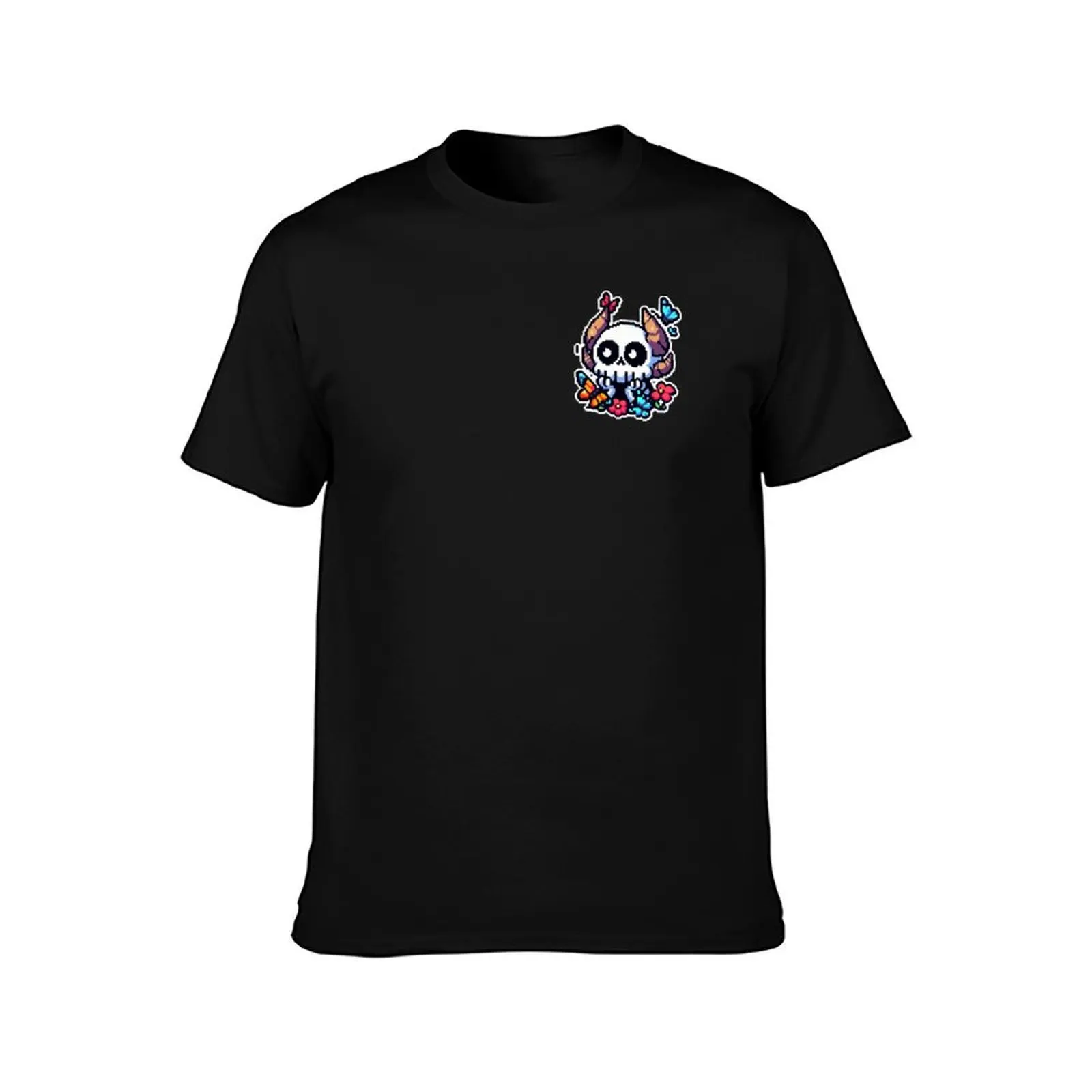 Pixelated Tranquility: Cute Horned Skull Enjoys The Butterflies T-Shirt t shirts designer T-Shirt