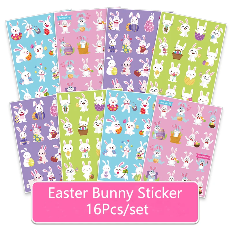 

16 Sheets Happy Easter Stickers Cartoon Rabbit Bunny Easter Eggs Seal Lable Sticker for Kids DIY Card Envelope Stationery Decor