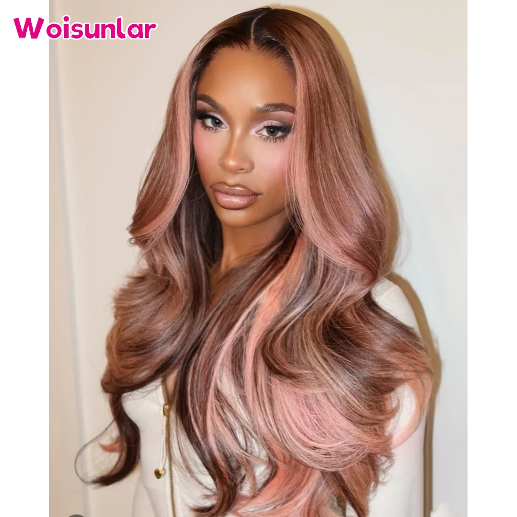 

36inches Highlight 1B and pink and Brown Front Lace wigs human hair 13x6 Transparent Lace Body Wave For Women 100% Human Hair