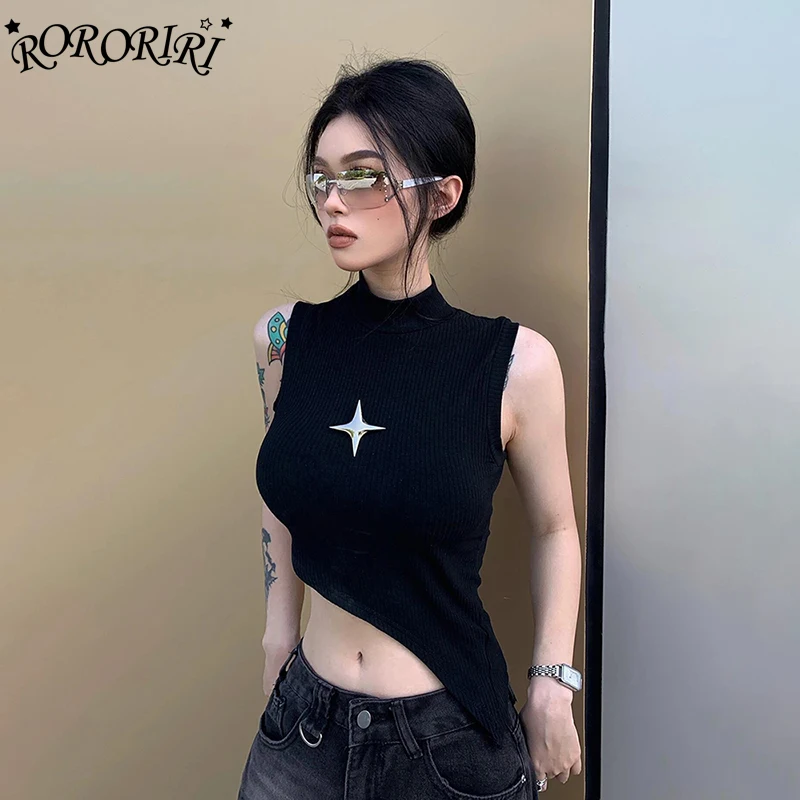 

RORORIRI Star Splice Черная майка для женщин, однотонный тонкий эластичный асимметричный топ, водолазка, жилет без рукавов, уличная одежда в стиле панк в стиле ретро
