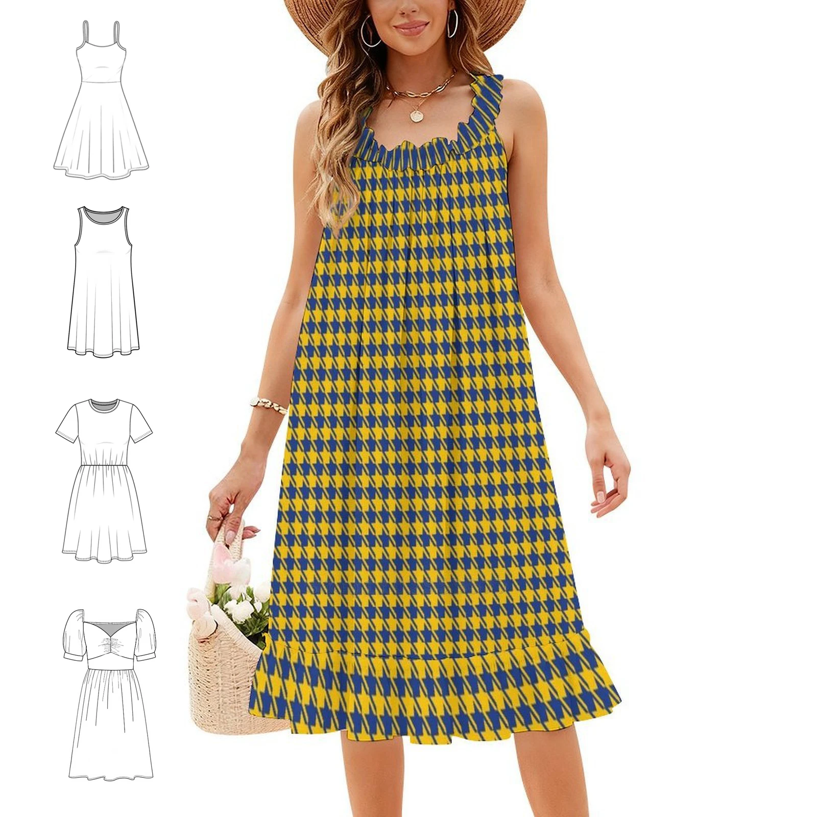 Blue And Yellow Colors Houndstooth Pattern Women's Elegant Party Dress A-Line Dress With Short/Long/Sleeveless Options Blue And