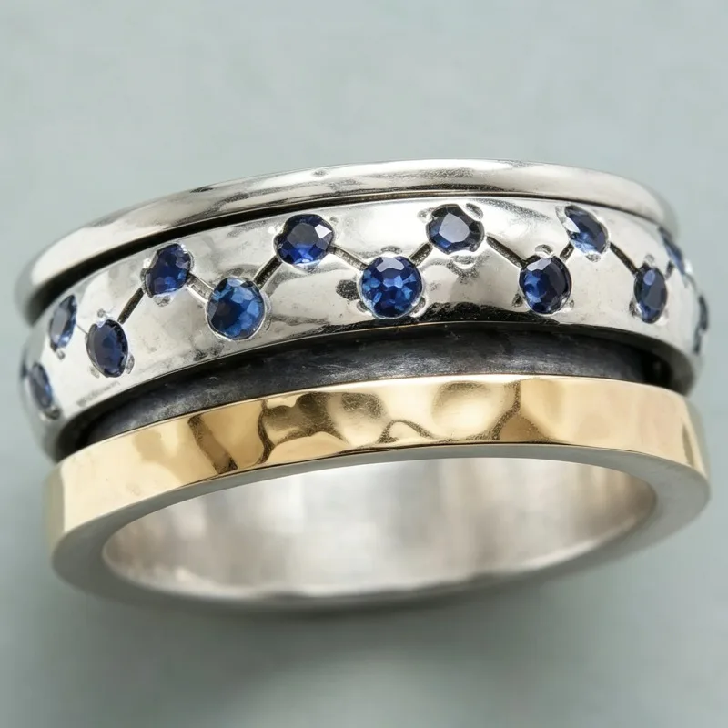 Vintage Inlaid Blue CZ Women's Ring Trendy Two Color Hand Carving Daily Wear Party Jewelry Anniversary Gift
