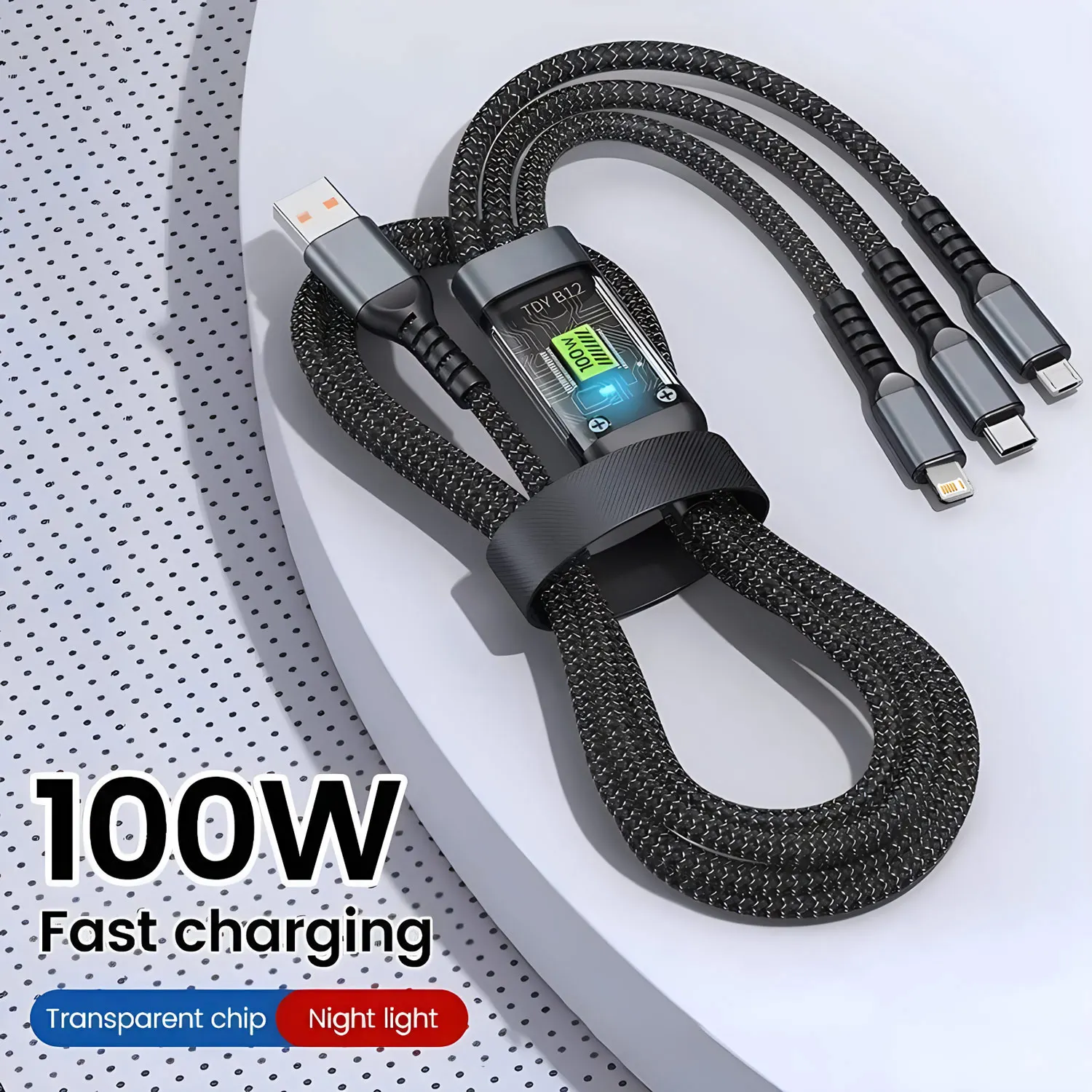 3 In 1 100w Black Fast Charging Cable Type C USB Micro For Iphone Samsung Huawei Xiaomi Digital Display Charger 6A