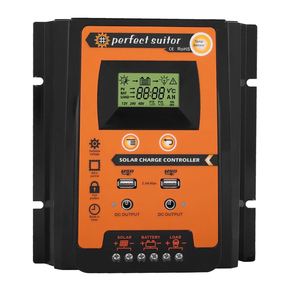 MPPT PWM Solar Controller 70A 50A 30A LCD Display Solar PV Charge Controller 12V 24V Battery Intelligent Regulator Dual USB