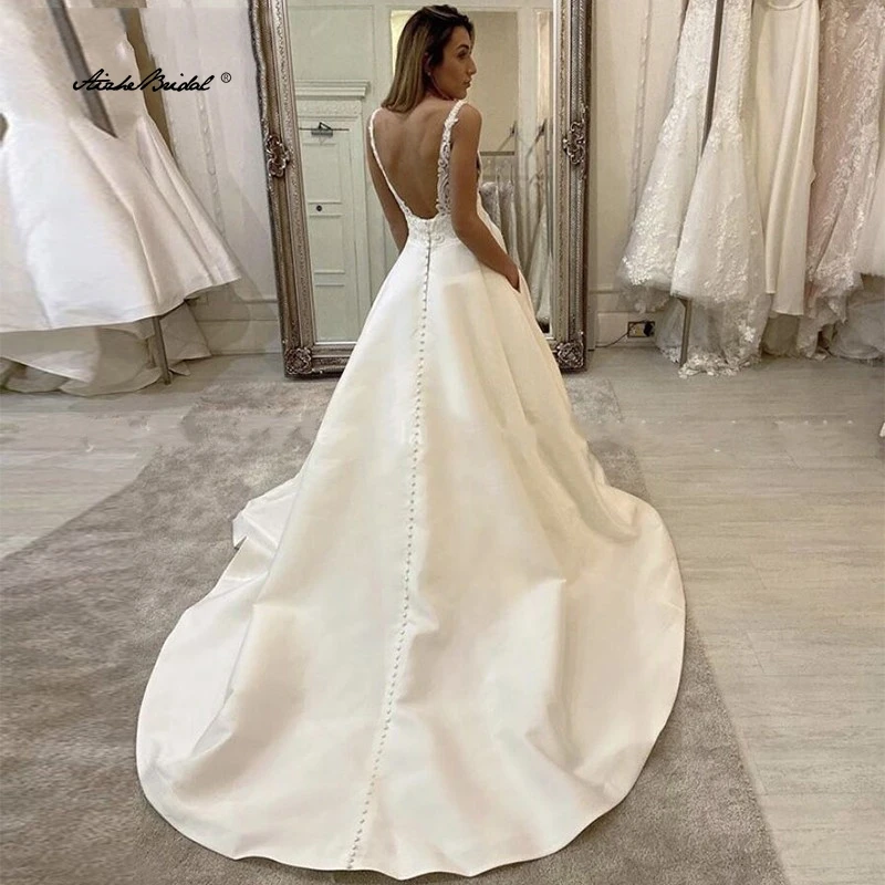 Boho A-Line Deep V Neck Lace Bride Gowns Backless Chapel Train Wedding Dress Popular Bridal Dresses