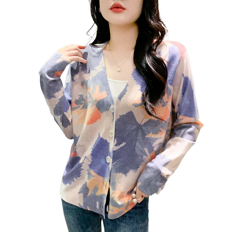 MadBlack-Women ヨーロッパの服 セーター、セクシーな V ネック プリント、作業服長袖ルーズ カーディガン ニットウェア、2025 冬 C5D236CC