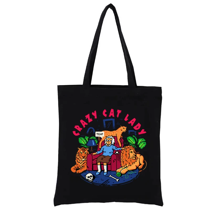 Crazy Cat Lady Print Shopping Bag Woven Tote Bags Aesthetic Women's Handbags Totebag Funny Shopper Fashion Casual Totes Eco Hand