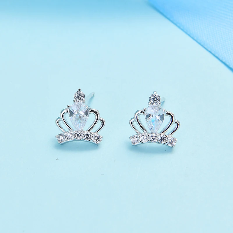 Pretty Mini Hollow Out Crown Zircon Copper Stud Earrings Silver Color High-End Party Jewelry For Women Girls Ladies