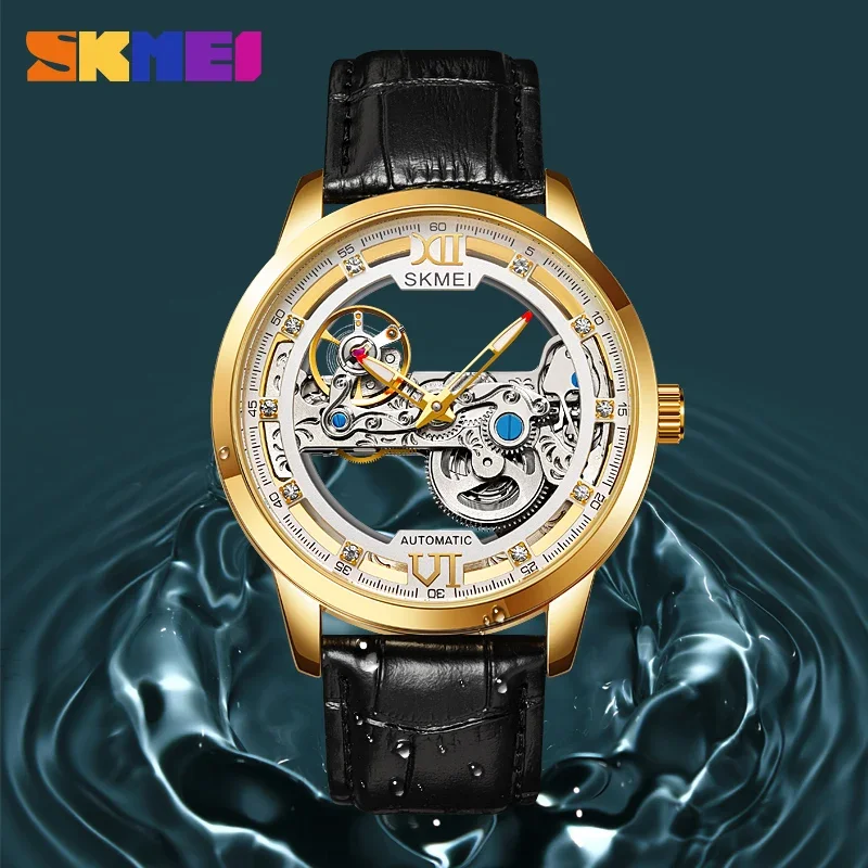 SKMEI M031 Automatic Men Watch Fashion Hollowed Out Mechanical Watches Luxury Zinc Alloy Business Man Reloj Hombre Leather Band