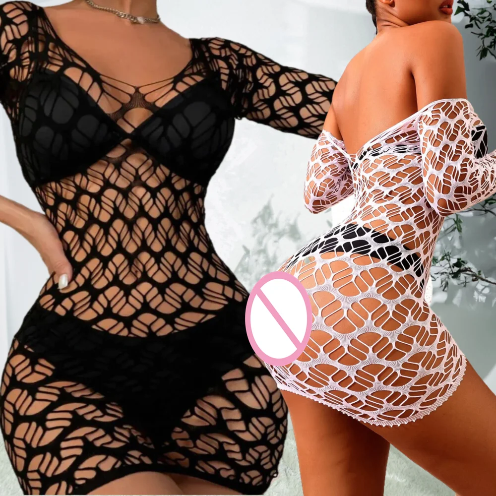 2024 New Women's Classic Sleepwear Fishing Net Mini Bodycon Dress Ladies Sexy Mesh Transparent Bodysuit Erotic Short Skirt