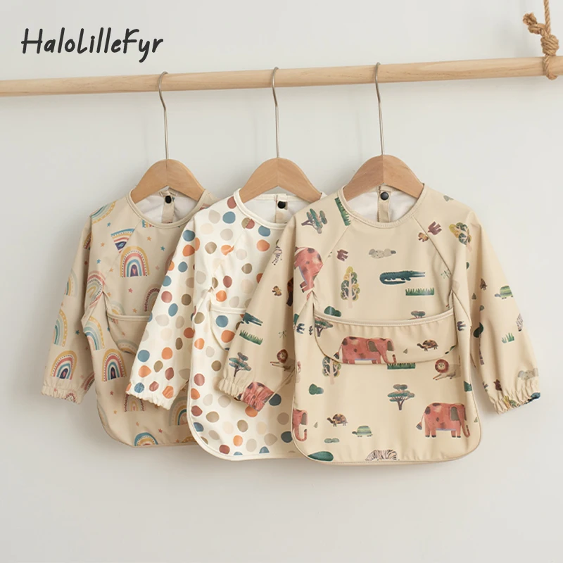 

Waterproof Baby Bibs Infant Toddler Long Sleeves Painting Smock Eating Apron With Food Catcher Easy Clean Children's Feeding Bib