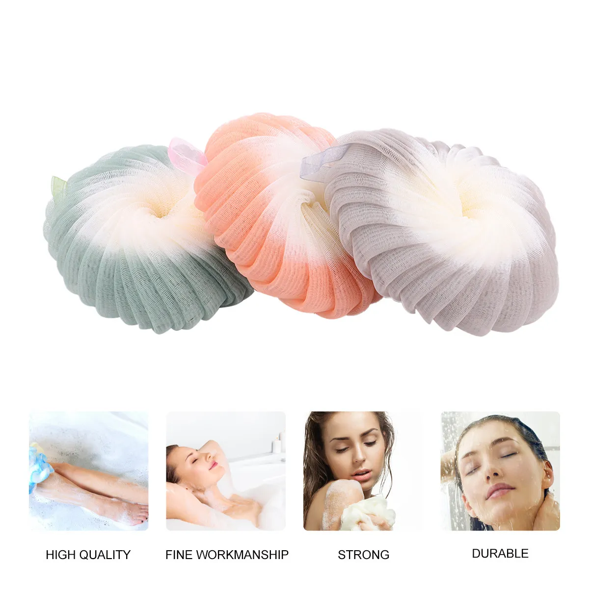 

3Pcs Bath Shower Loofah Sponge Pouf Soft Texture Sturdy Body Scrubber Bath Ball Mesh Shower Ball for Exfoliation Skin Care