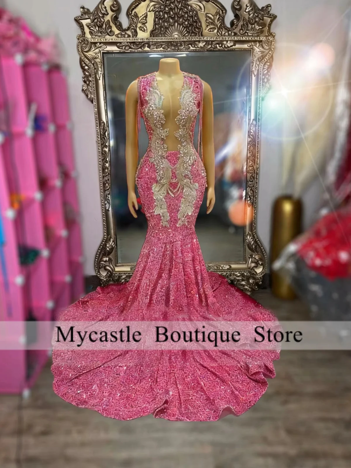 

Sparkly Beaded Lace Long Prom Dress For Black Girl 2026 Luxury Birthday Party Dresses Crystal High Slit Evening Gowns Customized