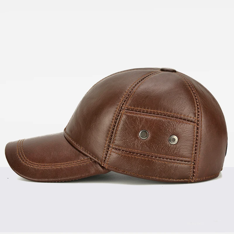 2024 New Style Men Cowhide Hat Winter Warm Outdoor Protect Ear Real Leather Adjustable Baseball Cap Men Real Cowhide Leather Cap